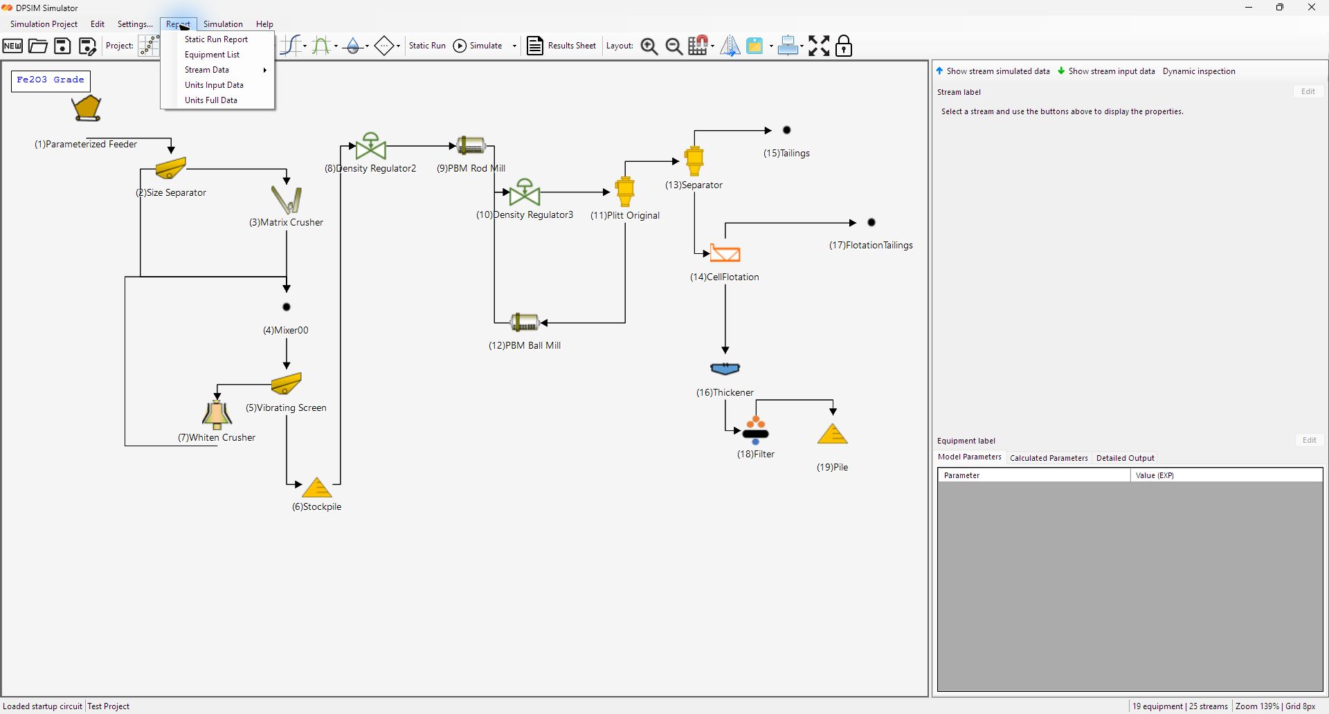 DPSIM Static Module report menu showing static run and data report options