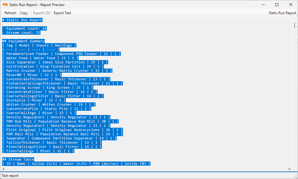 DPSIM Static Module static run report preview window