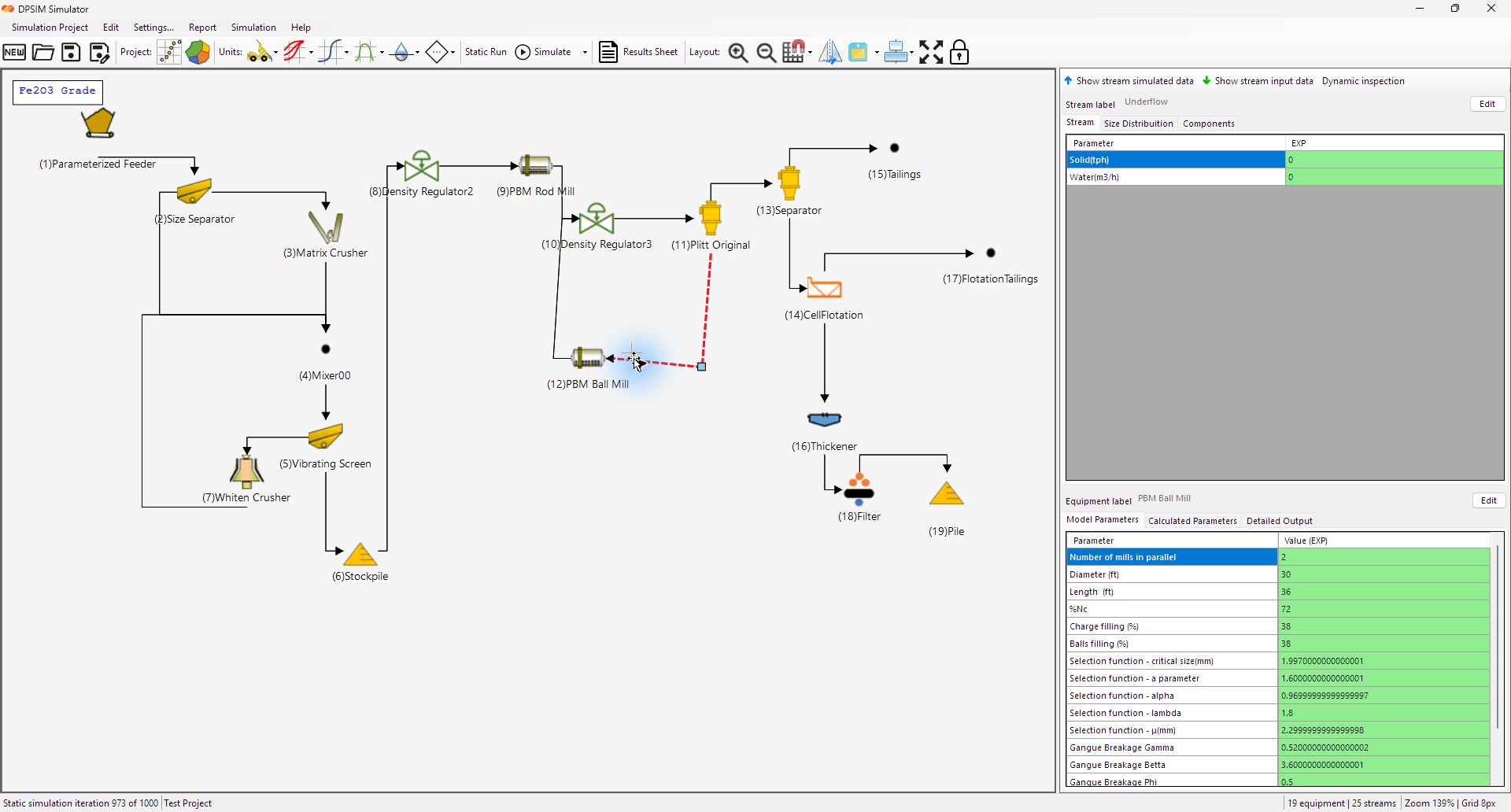 DPSIM Static Module with a stream selected and stream data tabs visible