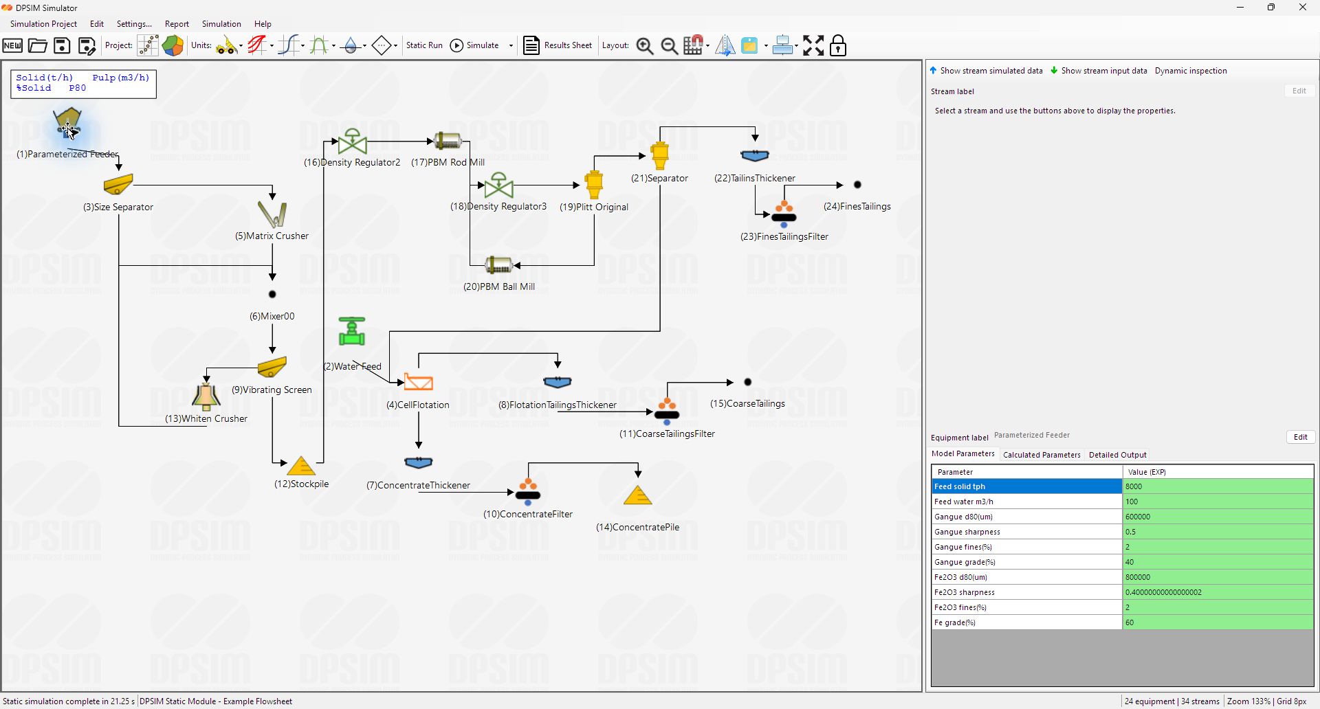 Parameterized Feeder selected in the Startup Circuit with model parameters visible