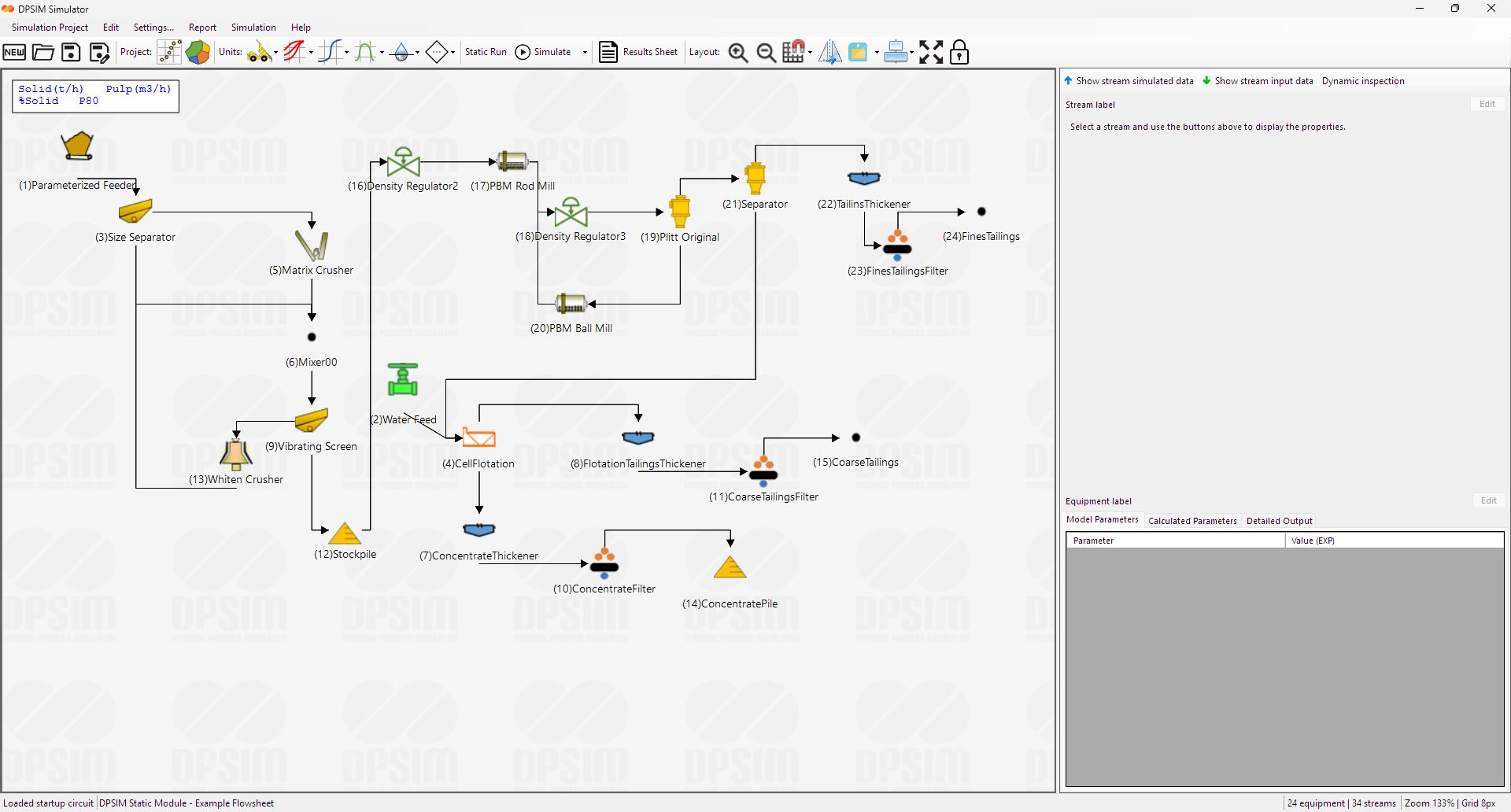 DPSIM Static Module Startup Circuit with 24 equipment items and 34 material streams