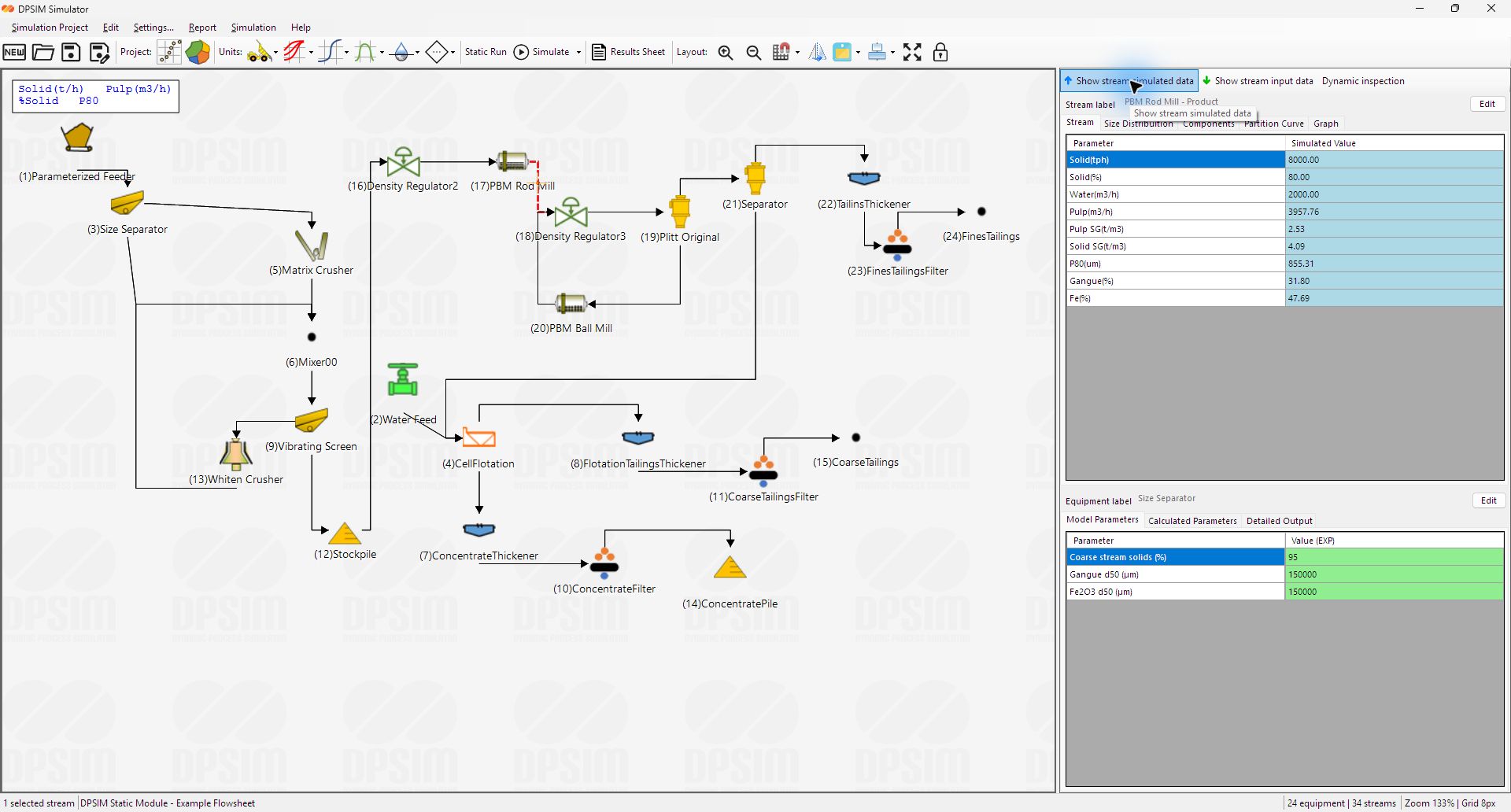 Selected Startup Circuit stream with simulated values in the Inspector Panel
