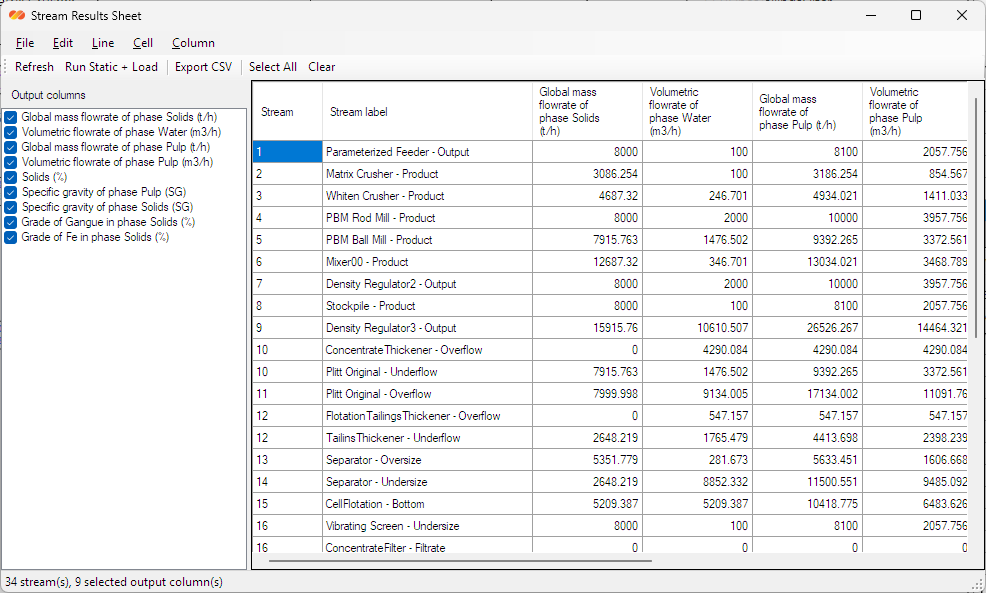 DPSIM stream results sheet for engineering review